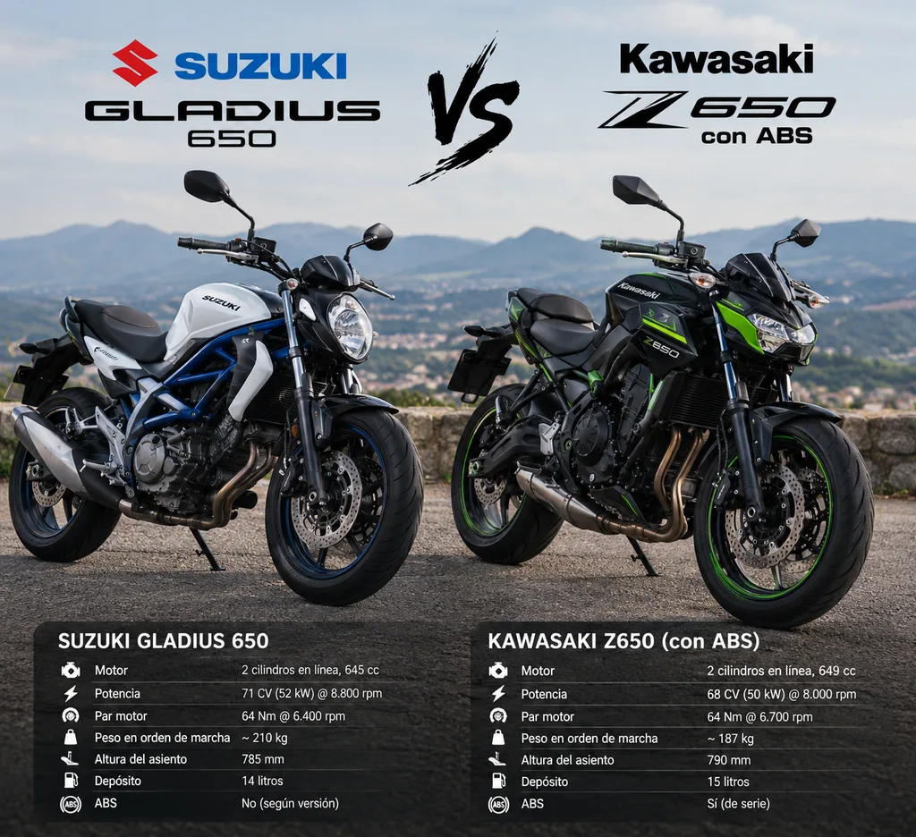 Suzuki Gladius 650 frente a Kawasaki Z650 con ABS